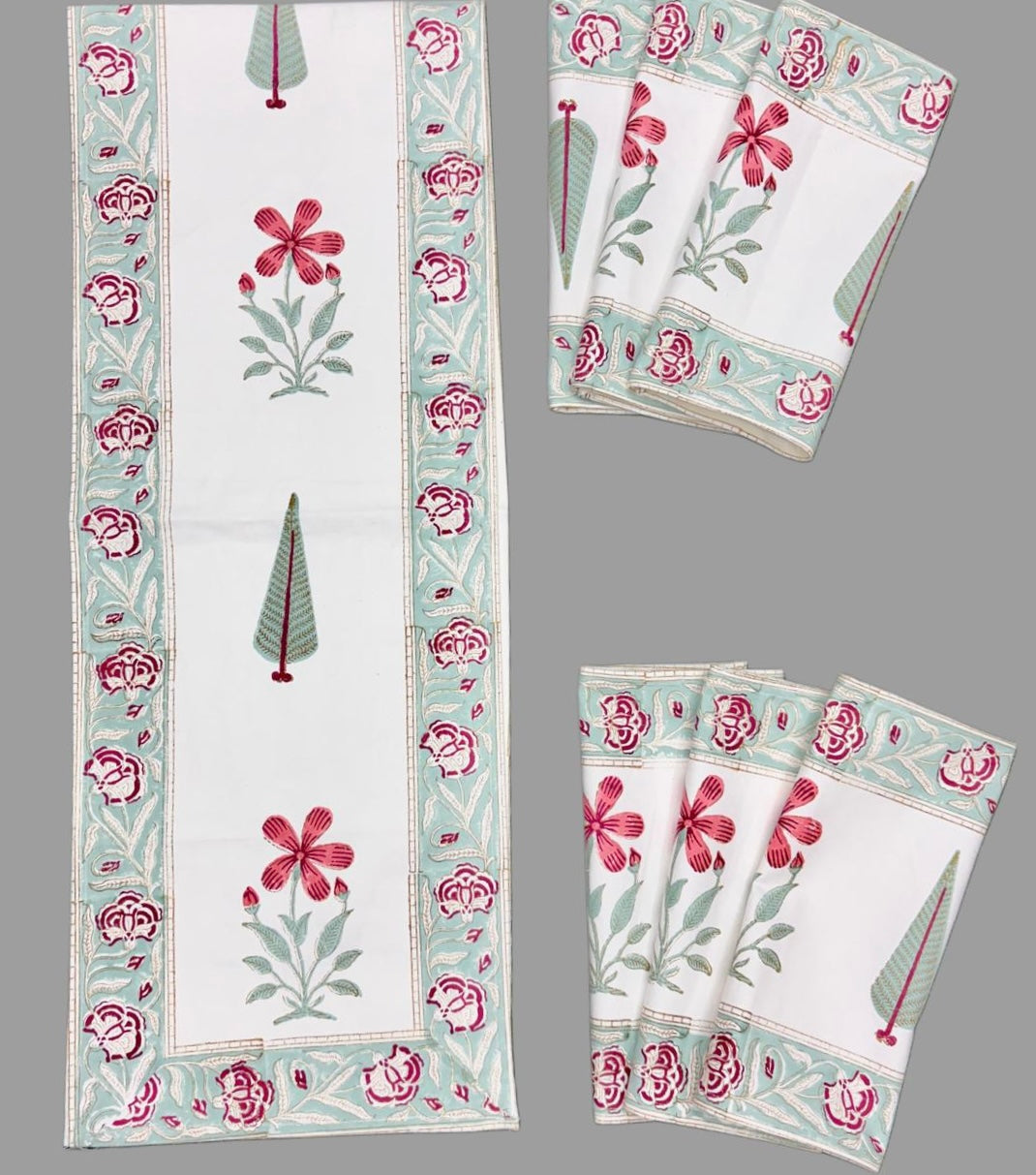 Pure cotton handblock printed table runner and placemats combo for 6 seater dining tables