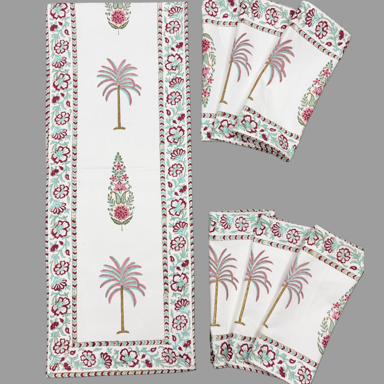 Pure cotton handblock printed table runner and placemats combo for 6 seater dining tables