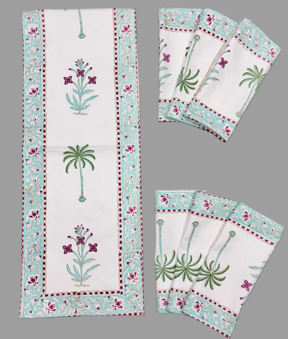 Pure cotton handblock printed table runner and placemats combo for 6 seater dining tables