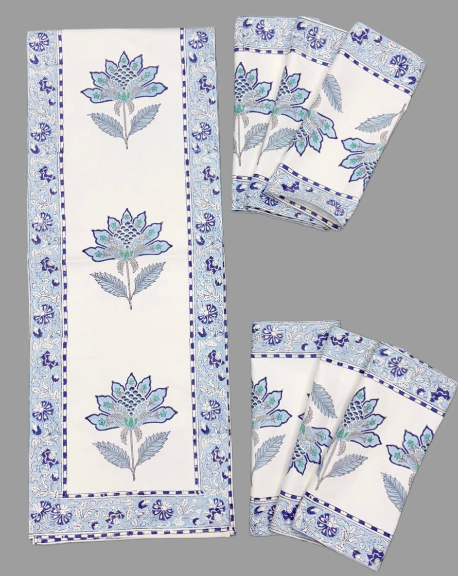 Pure cotton handblock printed table runner and placemats combo for 6 seater dining tables