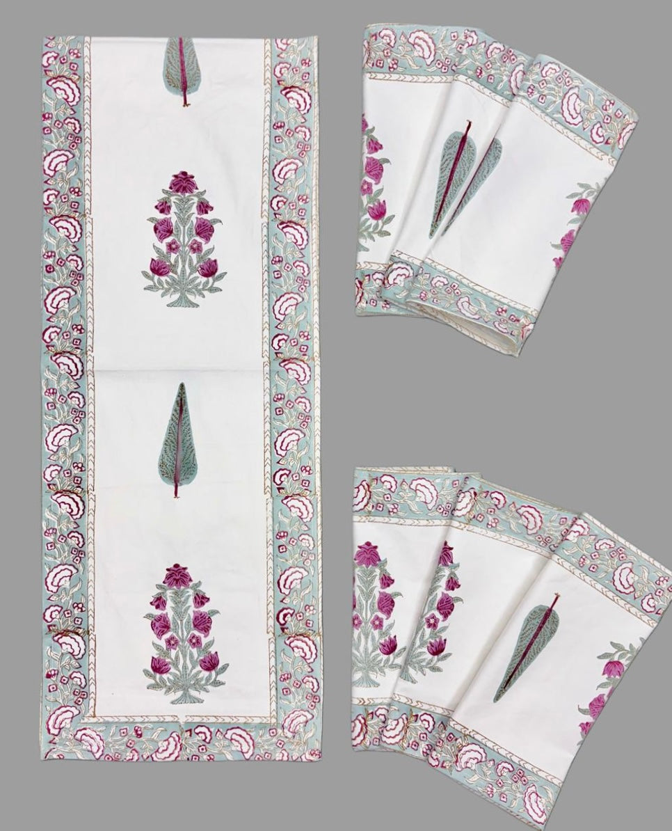 Pure cotton handblock printed table runner and placemats combo for 6 seater dining tables
