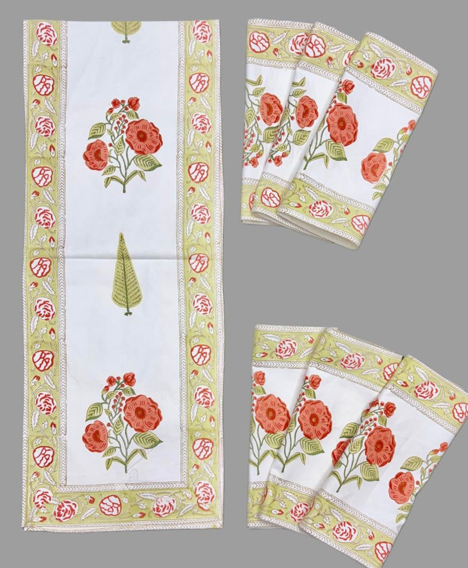 Pure cotton handblock printed table runner and placemats combo for 6 seater dining tables