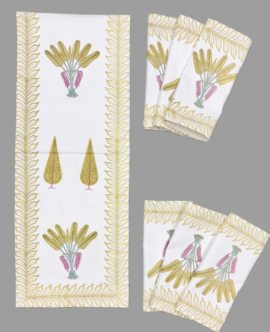 Pure cotton handblock printed table runner and placemats combo for 6 seater dining tables