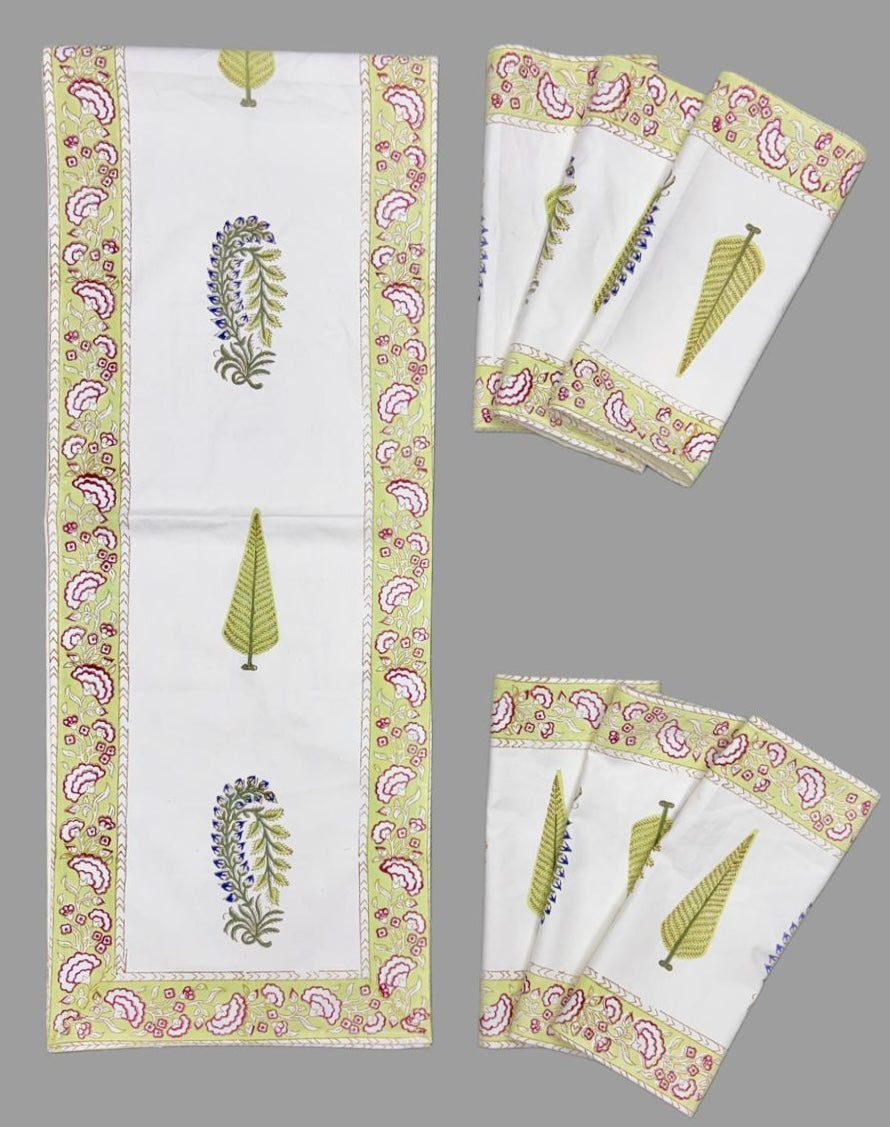Pure cotton handblock printed table runner and placemats combo for 6 seater dining tables