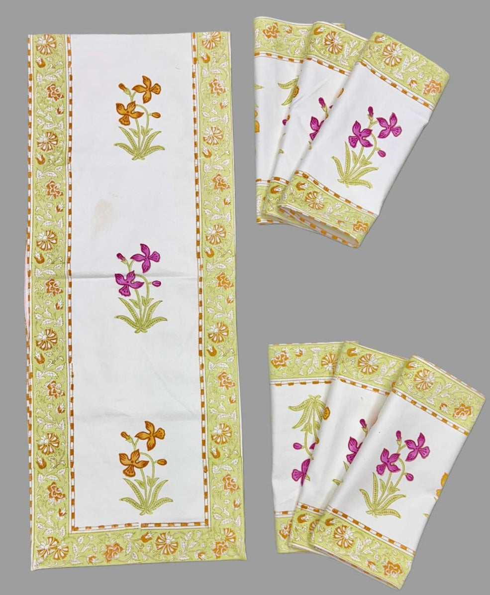 Pure cotton handblock printed table runner and placemats combo for 6 seater dining tables