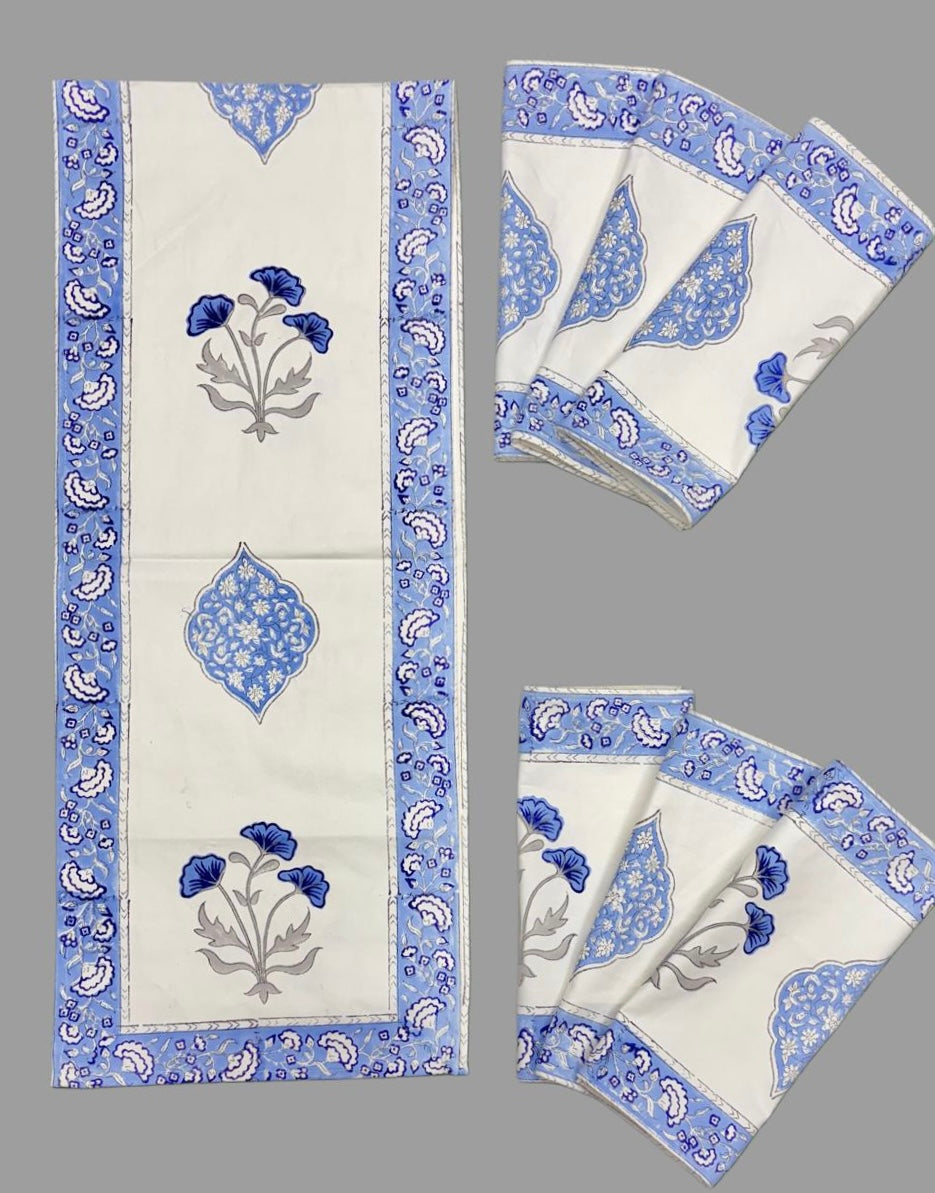 Pure cotton handblock printed table runner and placemats combo for 6 seater dining tables