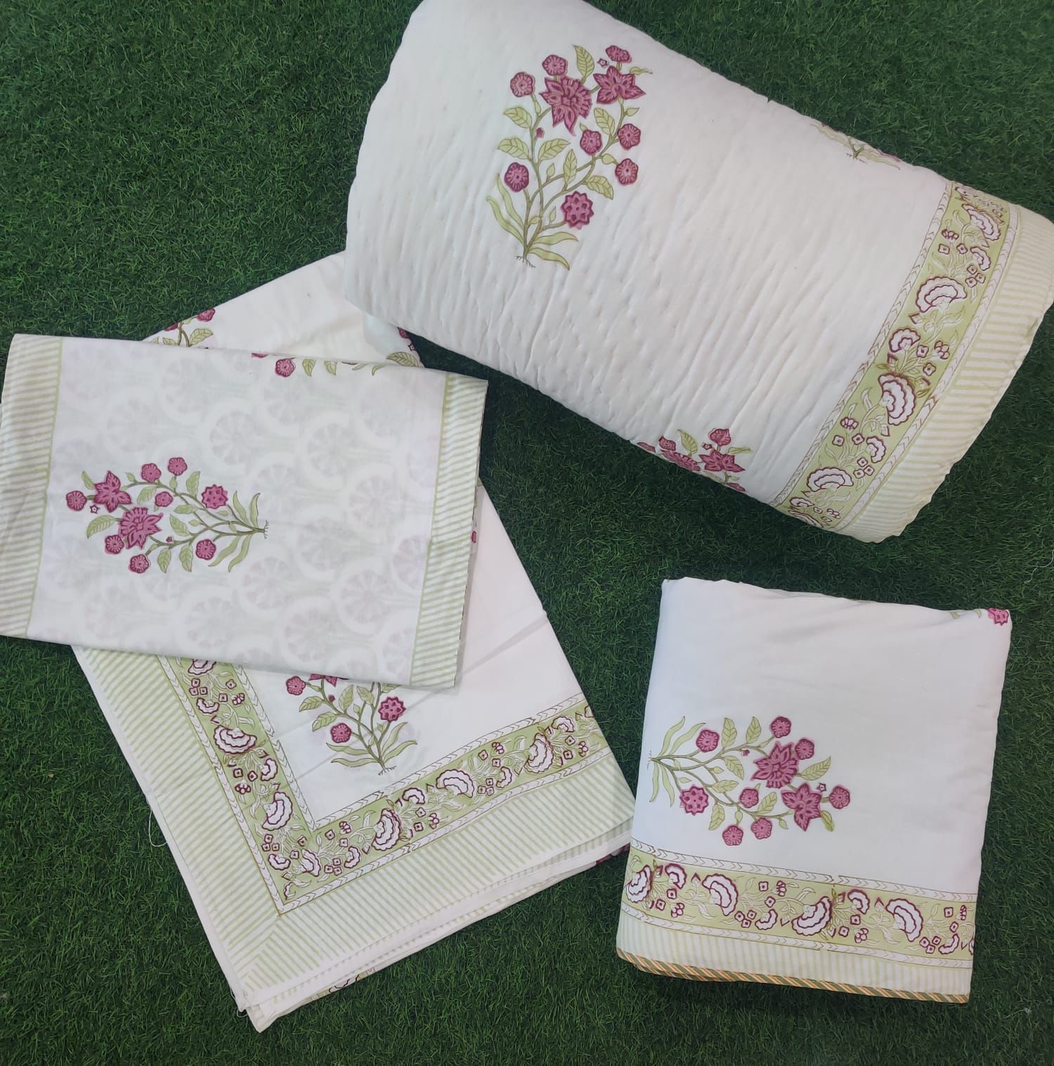 Pure mulmul cotton hand-block printed 5 piece razai and dohar with co-ordinated bedsheet sets
