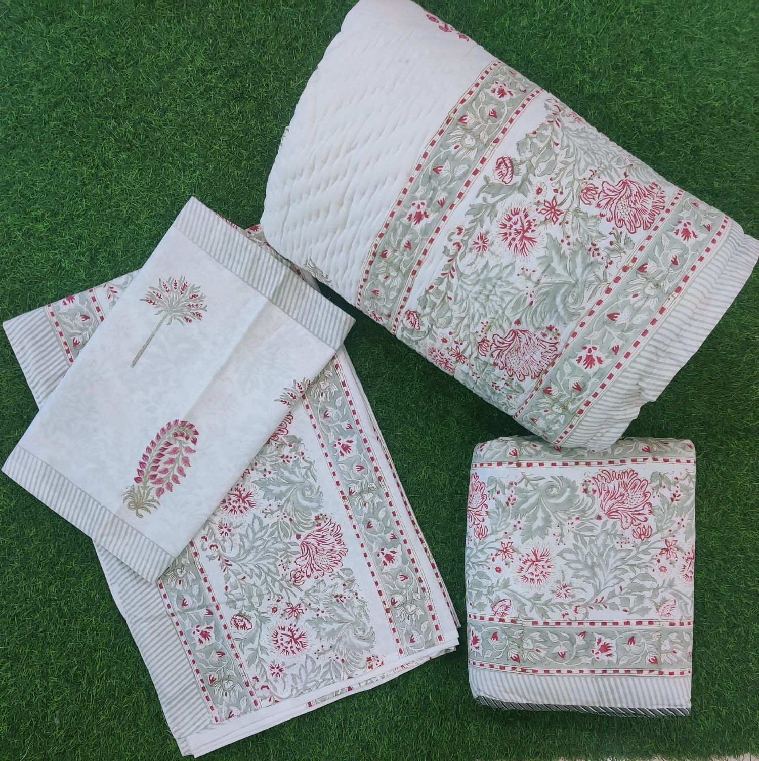 Pure mulmul cotton hand-block printed 5 piece razai and dohar with co-ordinated bedsheet sets