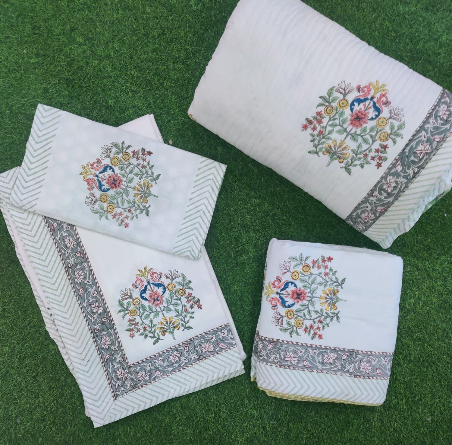 Pure mulmul cotton hand-block printed 5 piece razai and dohar with co-ordinated bedsheet sets