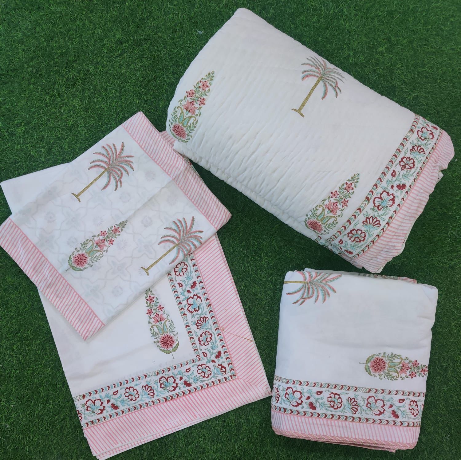 Pure mulmul cotton hand-block printed 5 piece razai and dohar with co-ordinated bedsheet sets