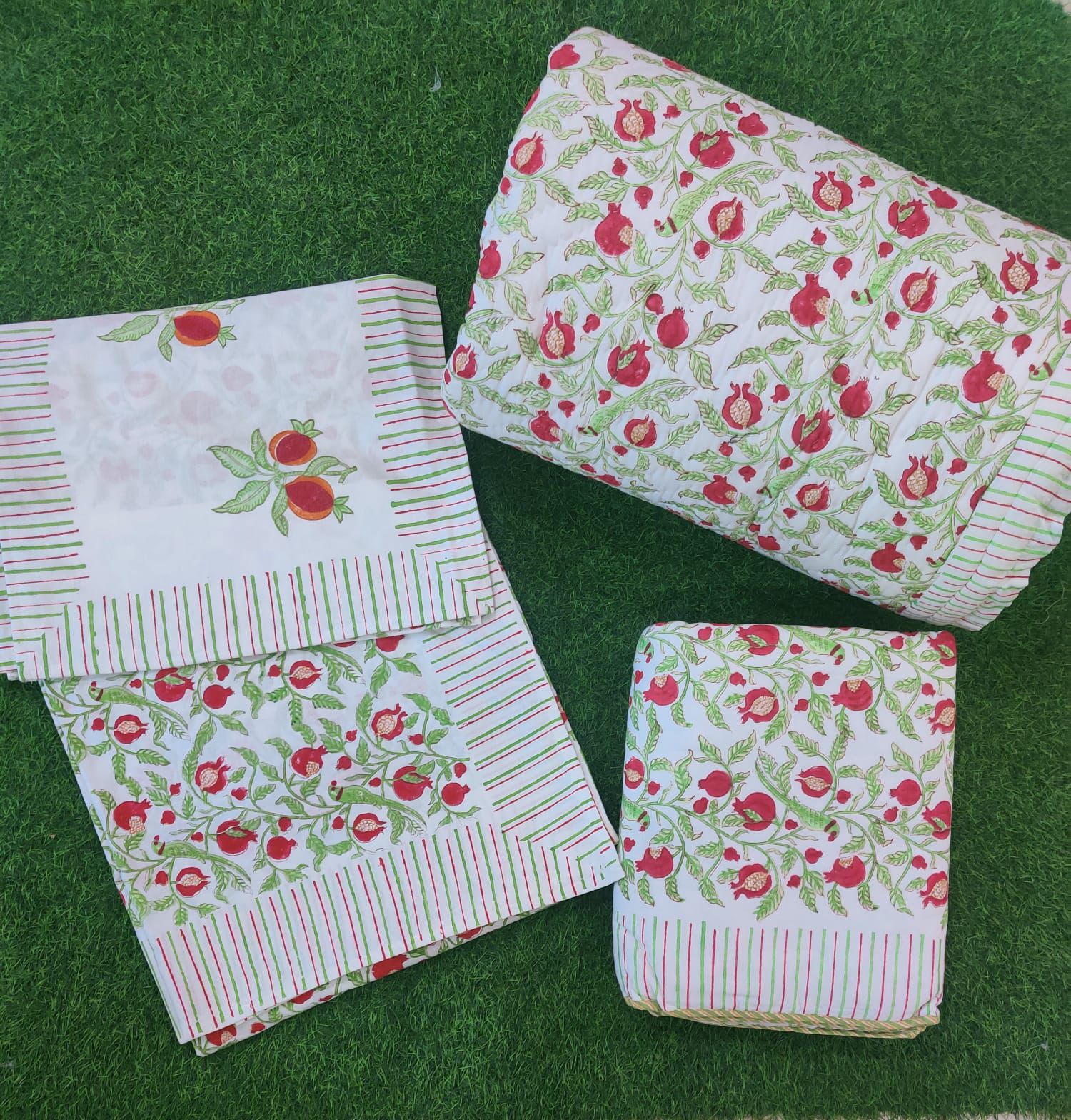 Pure mulmul cotton hand-block printed 5 piece razai and dohar with co-ordinated bedsheet sets