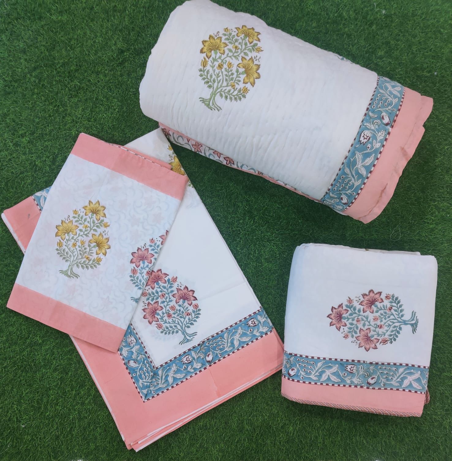 Pure mulmul cotton hand-block printed 5 piece razai and dohar with co-ordinated bedsheet sets