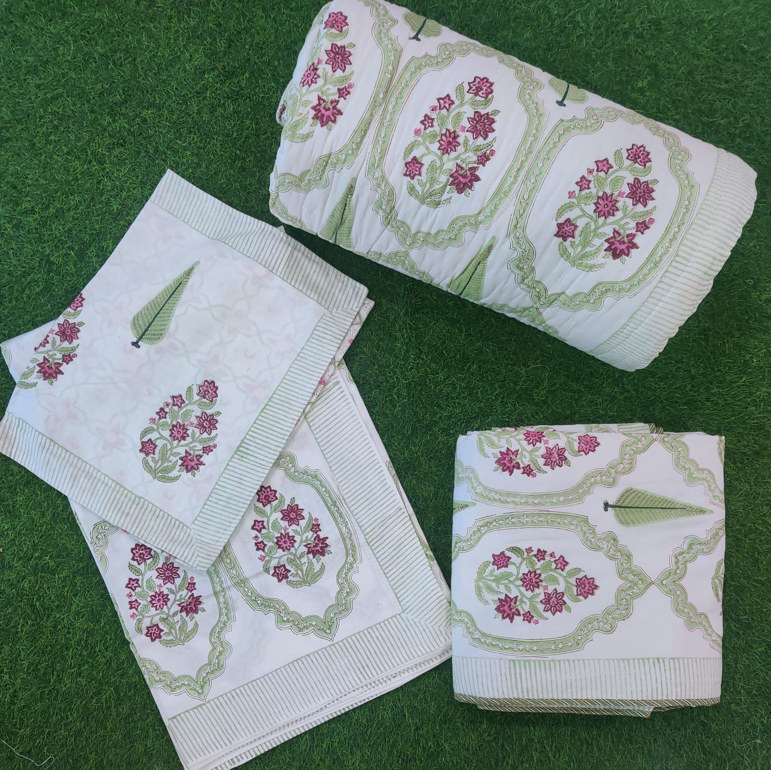 Pure mulmul cotton hand-block printed 5 piece razai and dohar with co-ordinated bedsheet sets