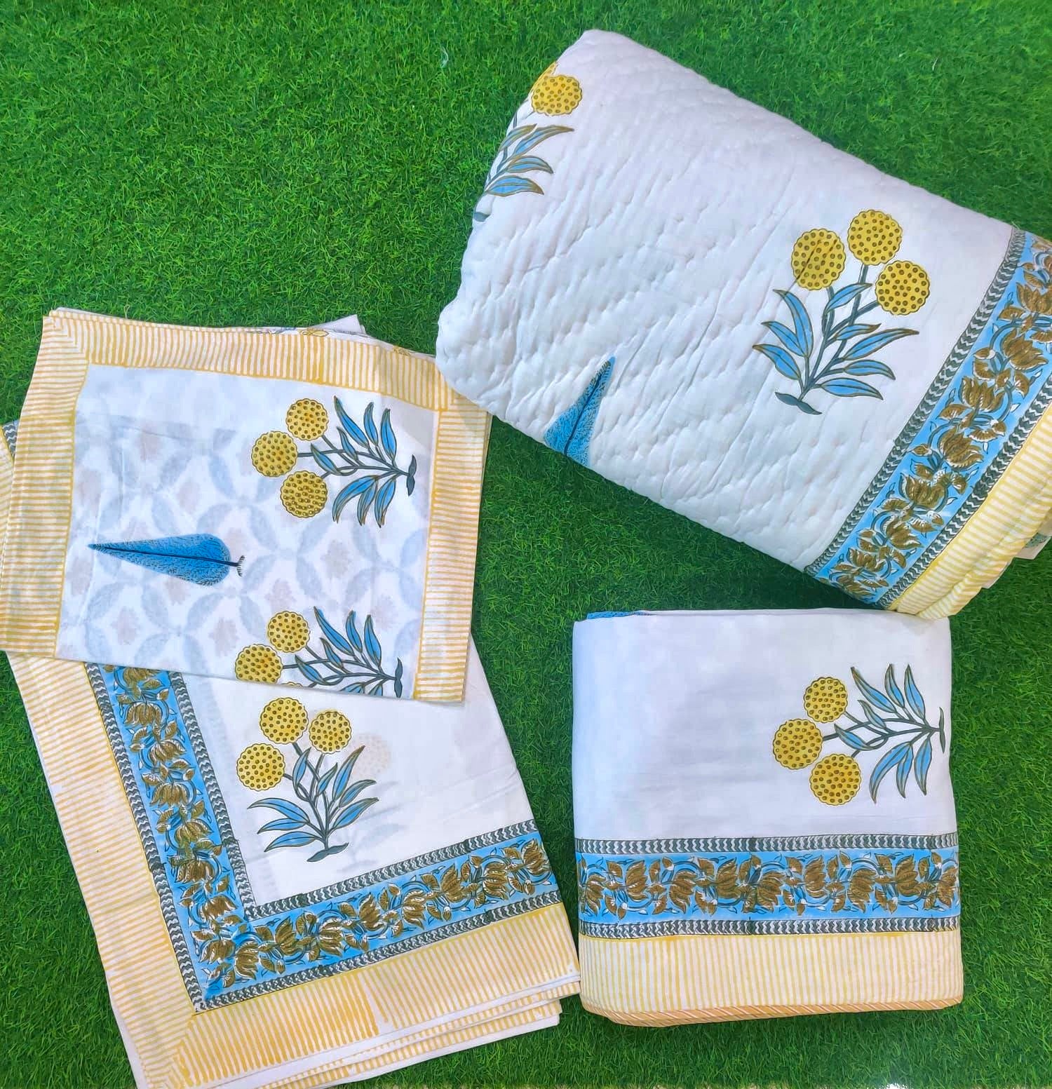 Pure mulmul cotton hand-block printed bedsheet, razai and dohar combos