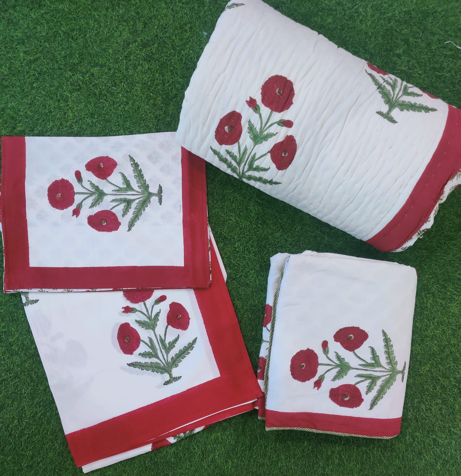 Pure mulmul cotton hand-block printed 5 piece razai and dohar with co-ordinated bedsheet sets