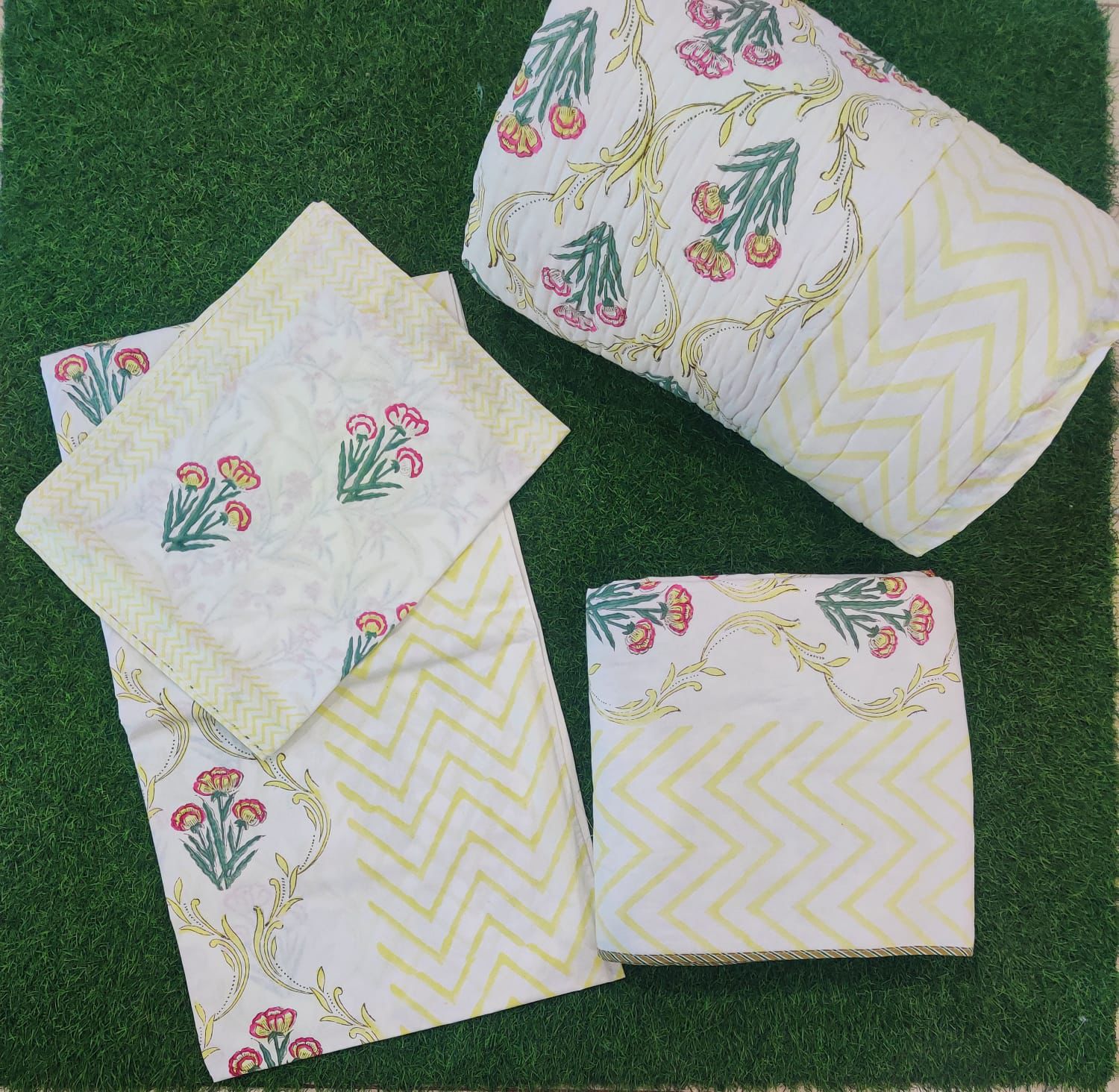 Pure mulmul cotton hand-block printed 5 piece razai and dohar with co-ordinated bedsheet sets