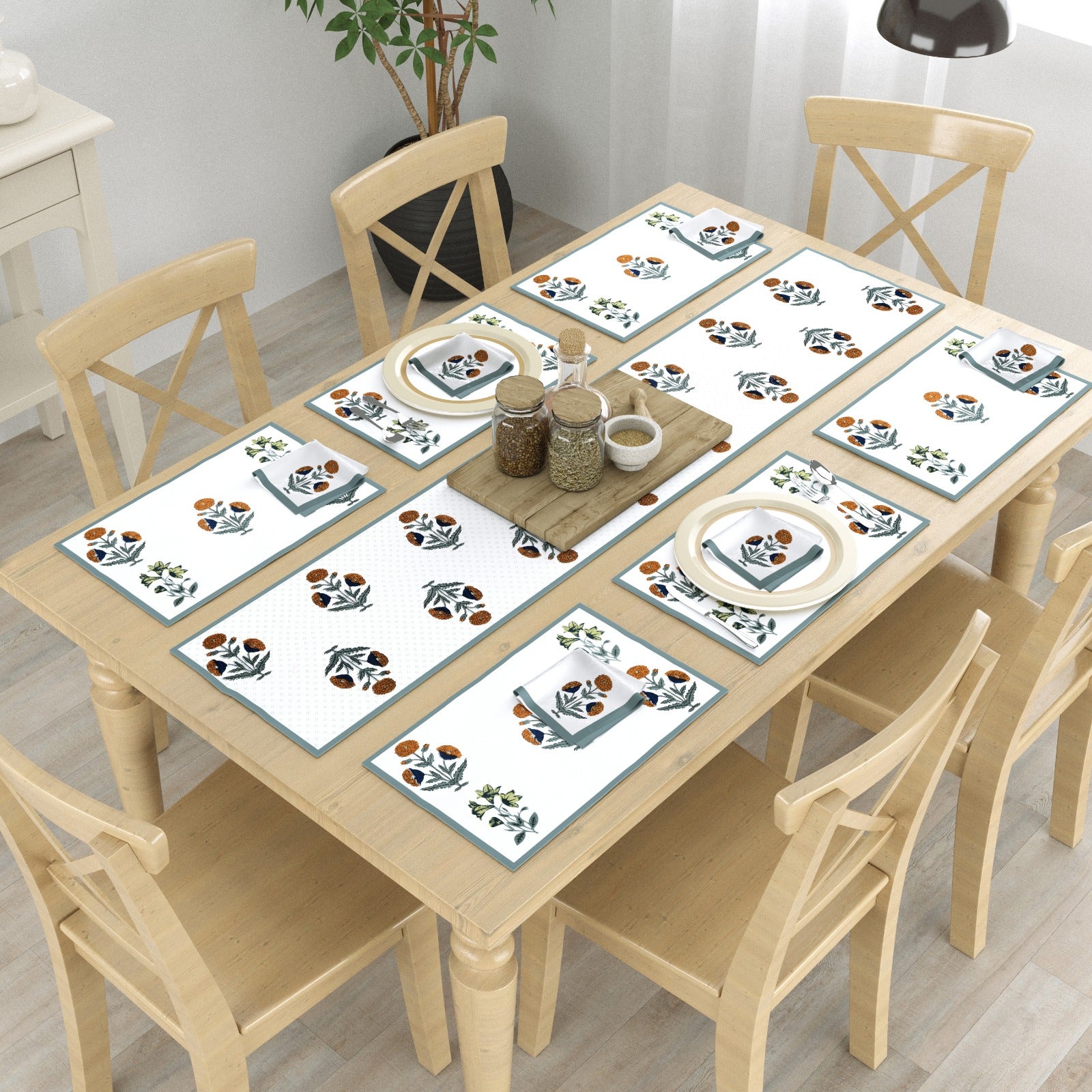 Pure cotton screen printed table mats, runner and napkin sets (13 piece combo)