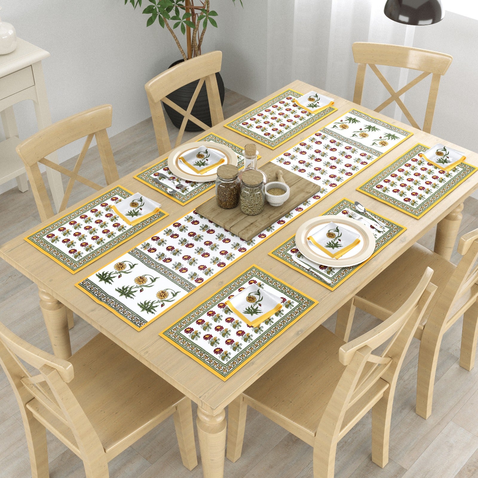 Pure cotton screen printed table mats, runner and napkin sets (13 piece combo)