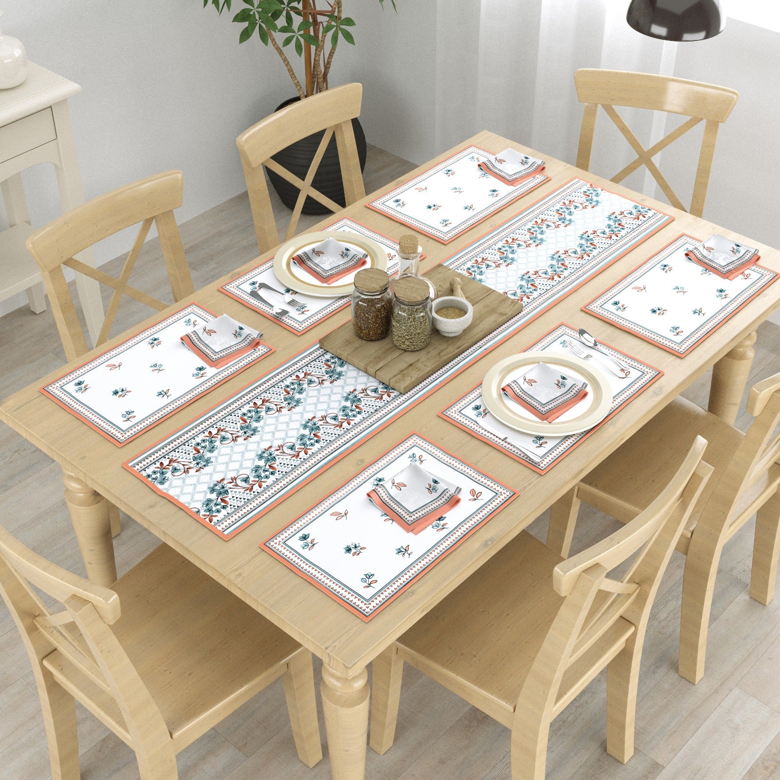 Pure cotton screen printed table mats, runner and napkin sets (13 piece combo)