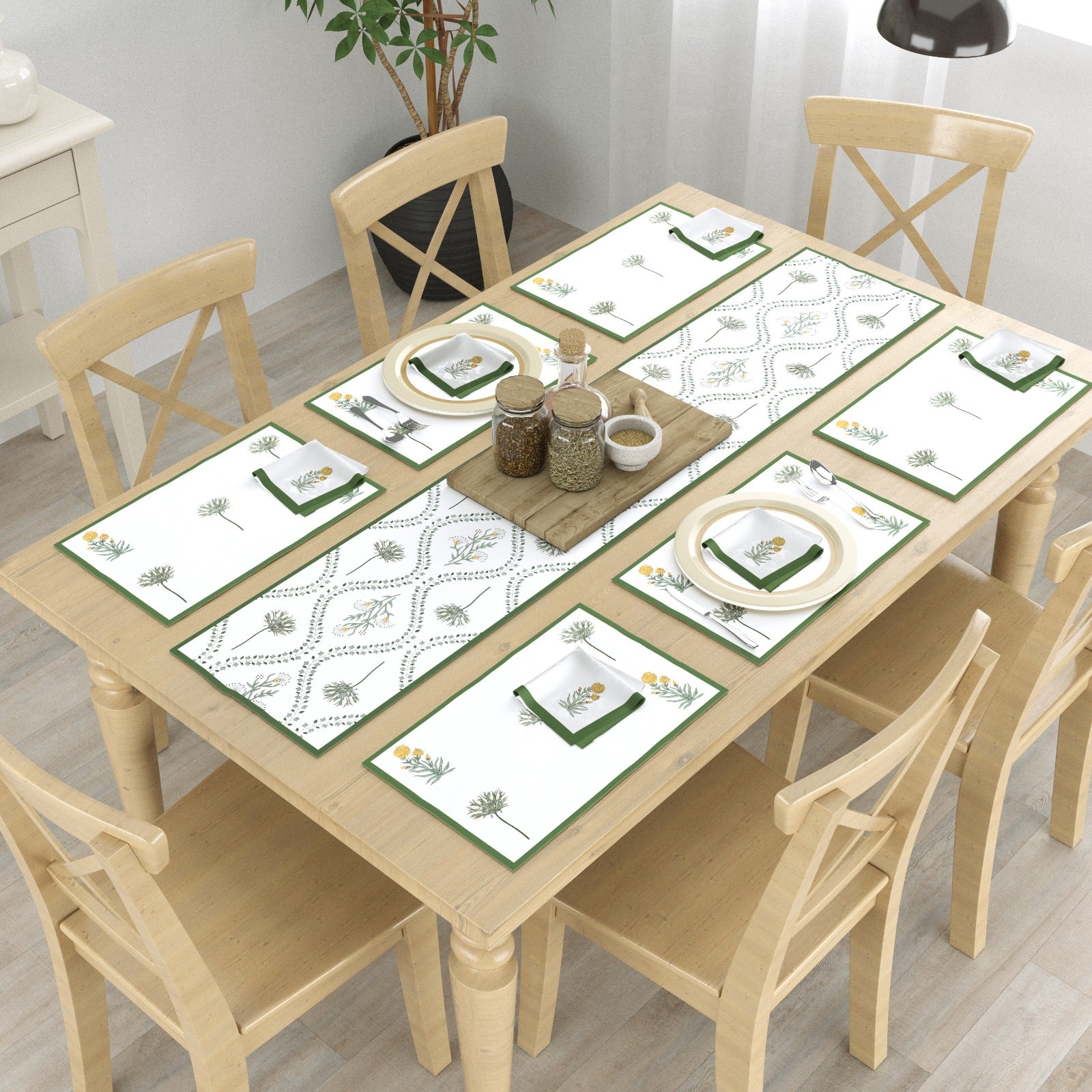 Pure cotton screen printed table mats, runner and napkin sets (13 piece combo)