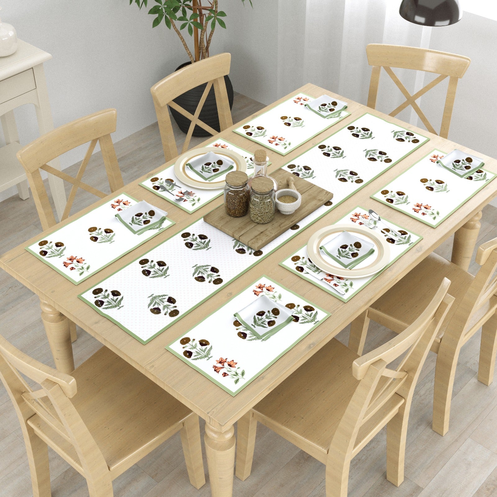 Pure cotton screen printed table mats, runner and napkin sets (13 piece combo)