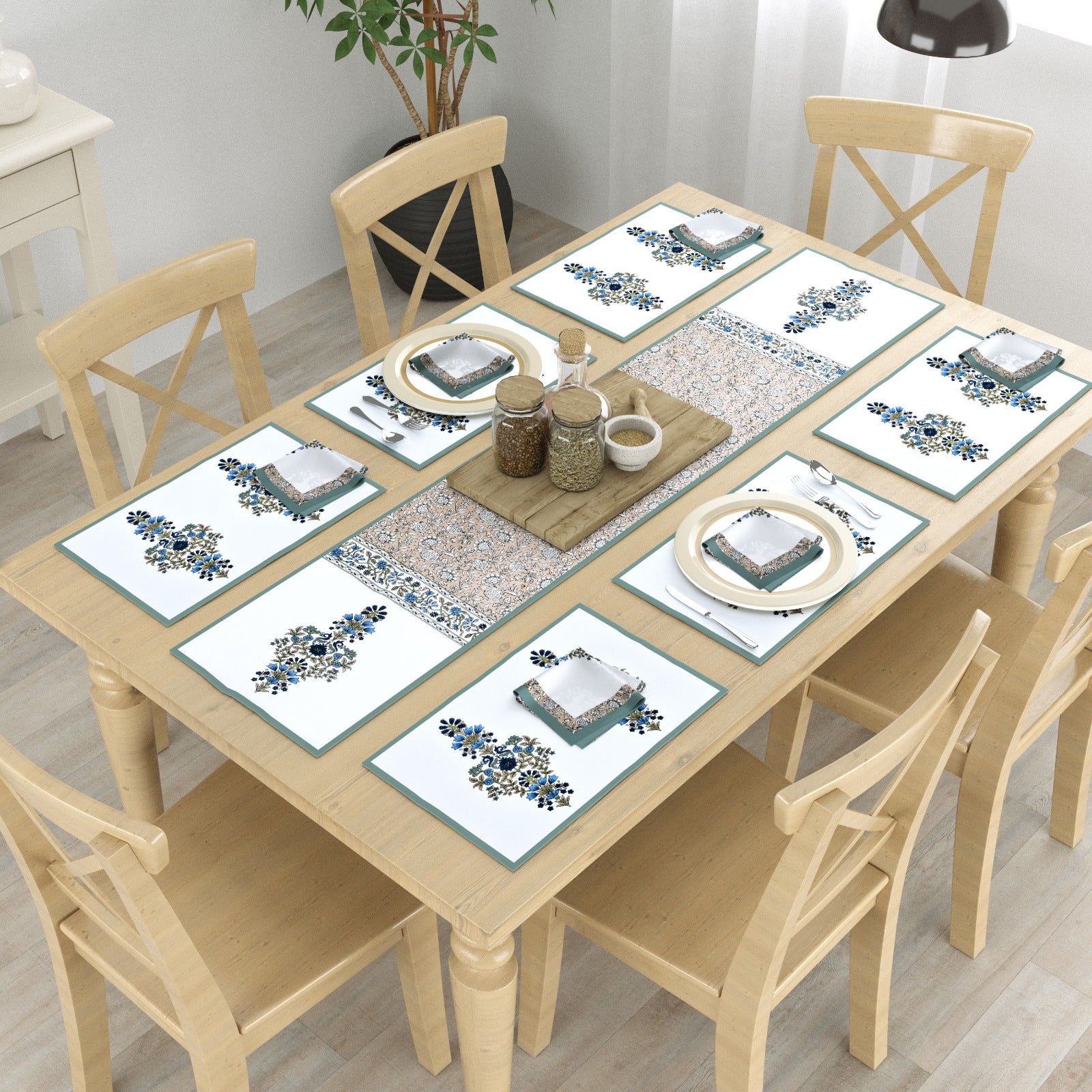 Pure cotton screen printed table mats, runner and napkin sets (13 piece combo)