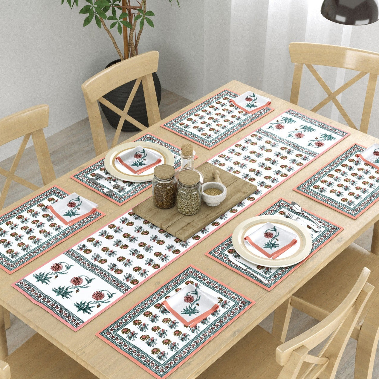 Pure cotton screen printed 13 piece dining runner, placemats and napkin sets