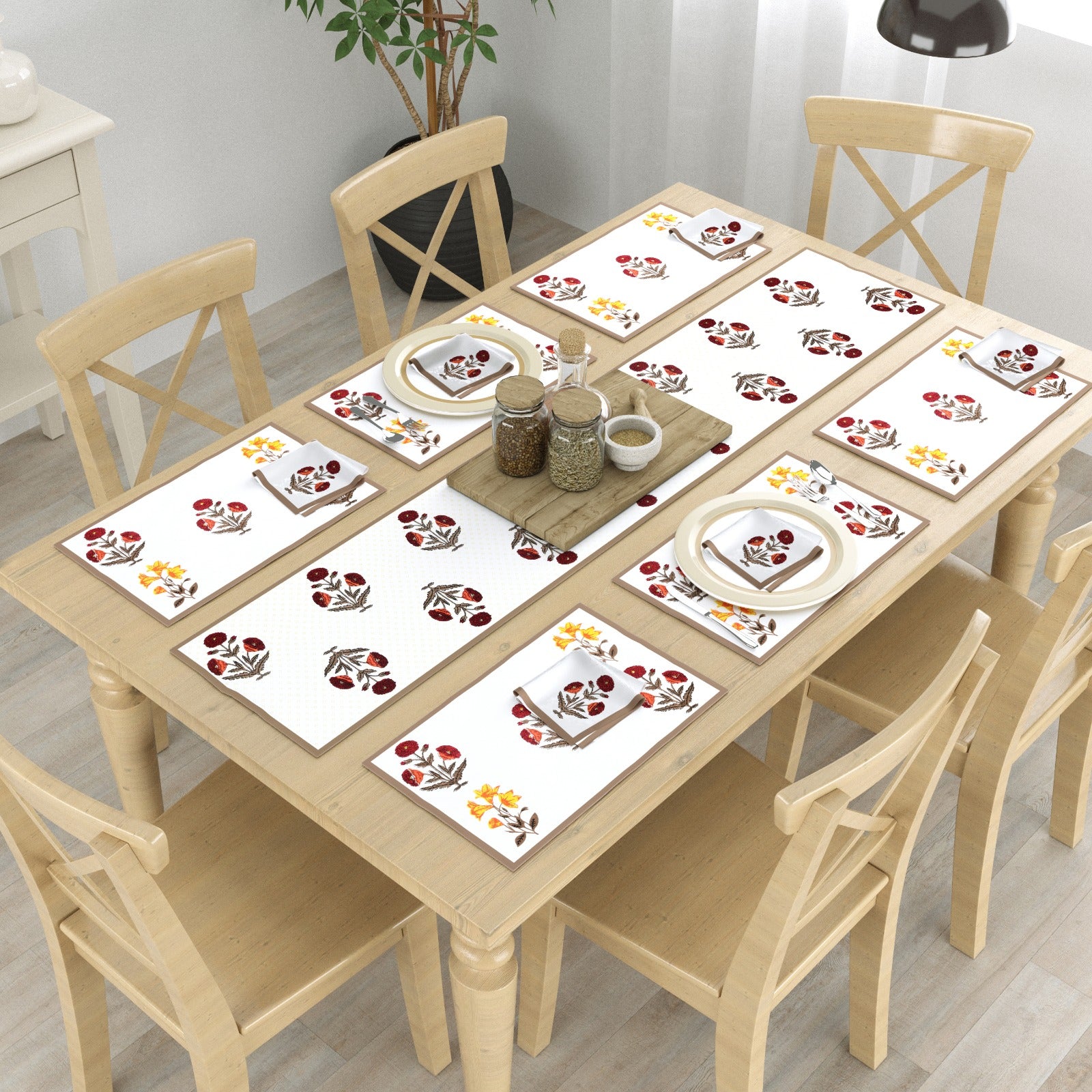 Pure cotton screen printed table mats, runner and napkin sets (13 piece combo)
