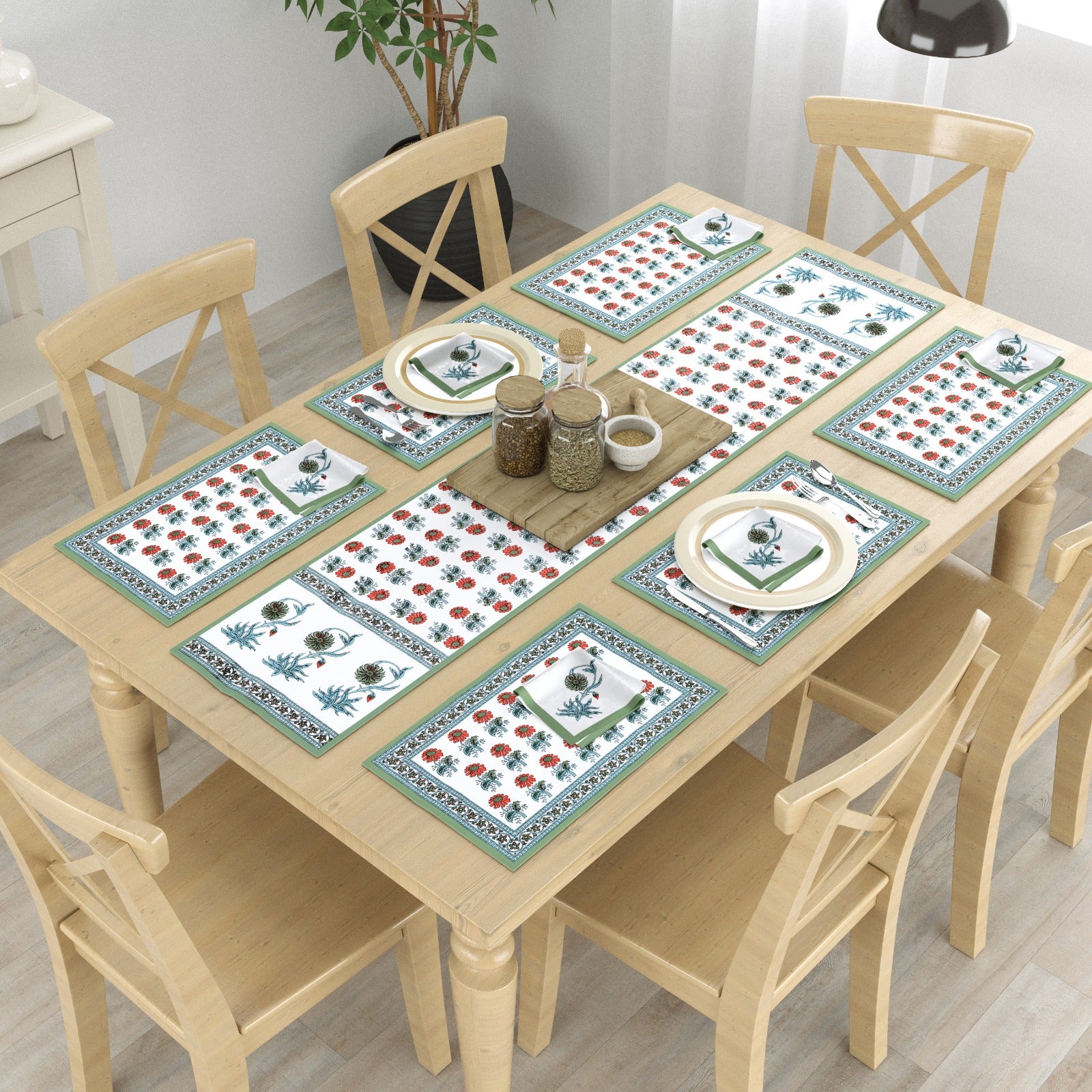 Pure cotton screen printed table mats, runner and napkin sets (13 piece combo)