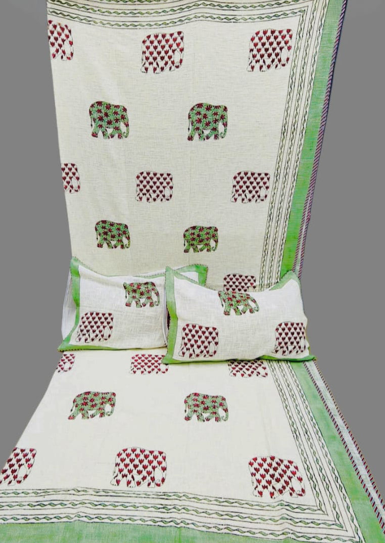 Pure TNT cotton hand-block printed double bedcover with 2 pillow covers (90x108 inches)