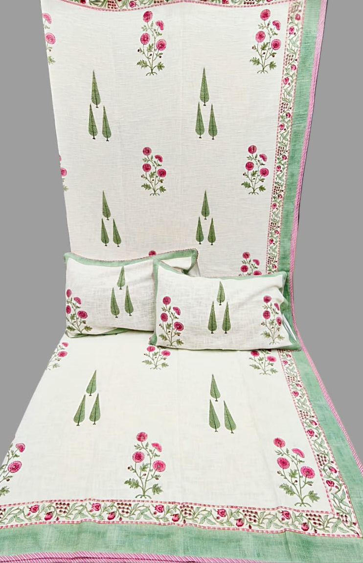 Pure TNT cotton hand-block printed double bedcover with 2 pillow covers (90x108 inches)