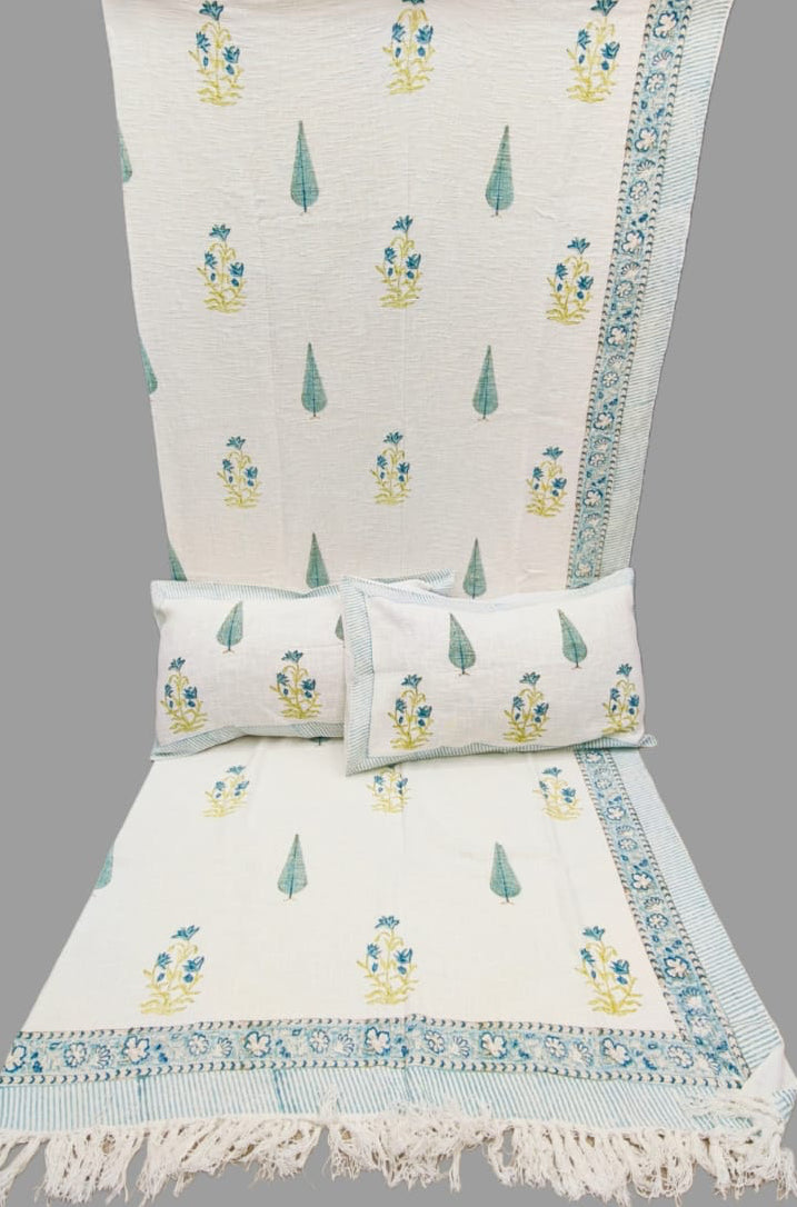 Pure TNT cotton hand-block printed double bedcover with 2 pillow covers (90x108 inches)