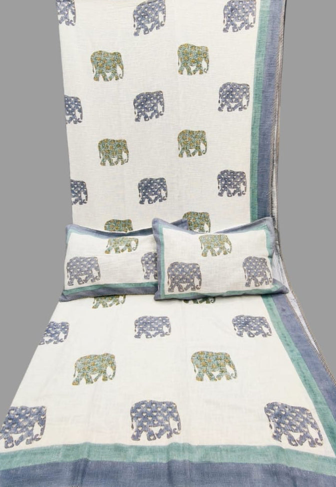 Pure TNT cotton hand-block printed double bedcover with 2 pillow covers (90x108 inches)