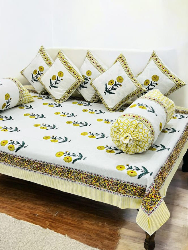 Pure cotton hand block printed 8 piece traditional diwan set (70x100 inches)
