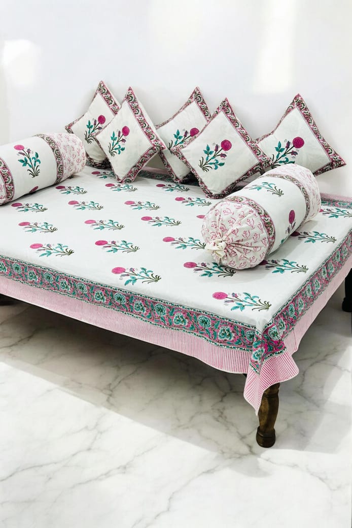 Pure cotton hand block printed 8 piece traditional diwan set (70x100 inches)