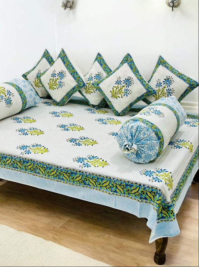 Pure cotton hand block printed 8 piece traditional diwan set (70x100 inches)