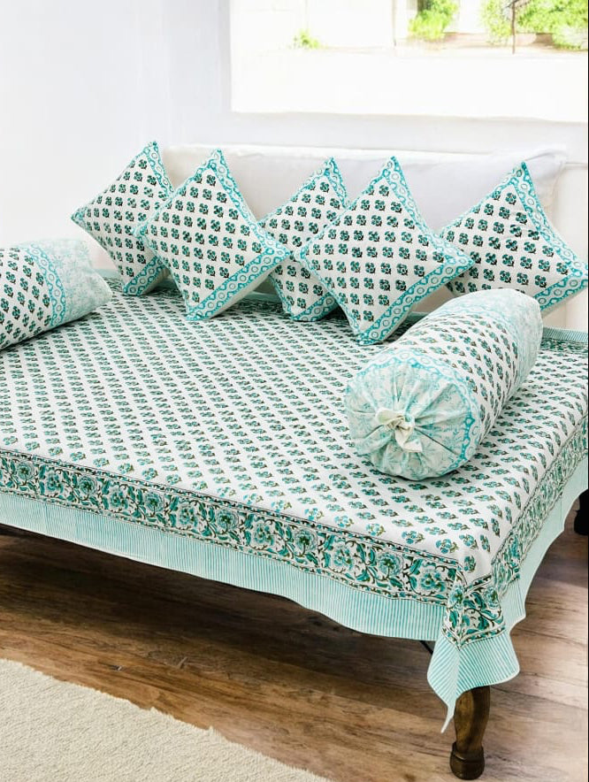 Pure cotton hand block printed 8 piece traditional diwan set (70x100 inches)