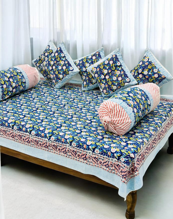 Pure cotton hand block printed 8 piece traditional diwan set (70x100 inches)