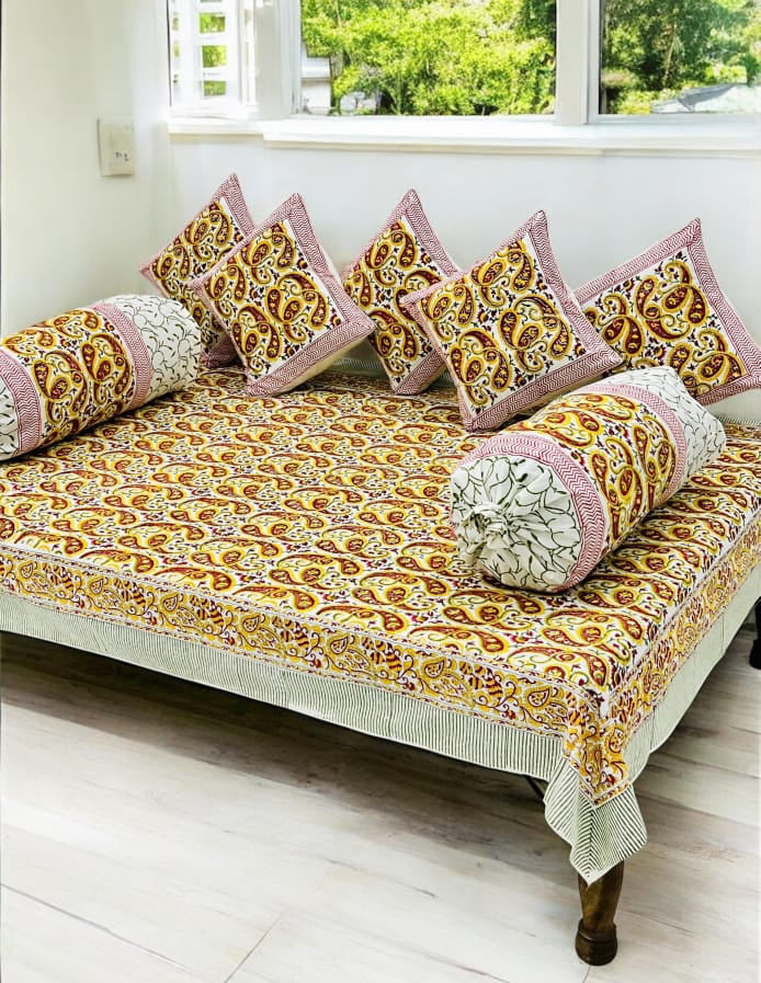 Pure cotton hand block printed 8 piece traditional diwan set (70x100 inches)