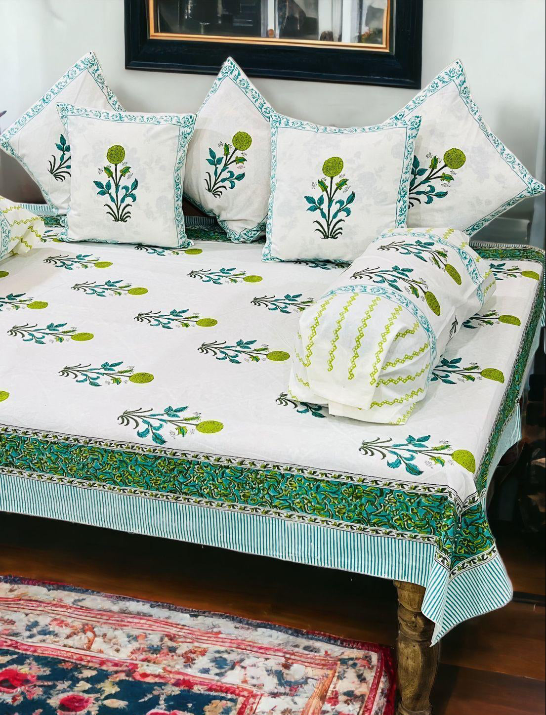 Pure cotton hand block printed 8 piece traditional diwan set (70x100 inches)