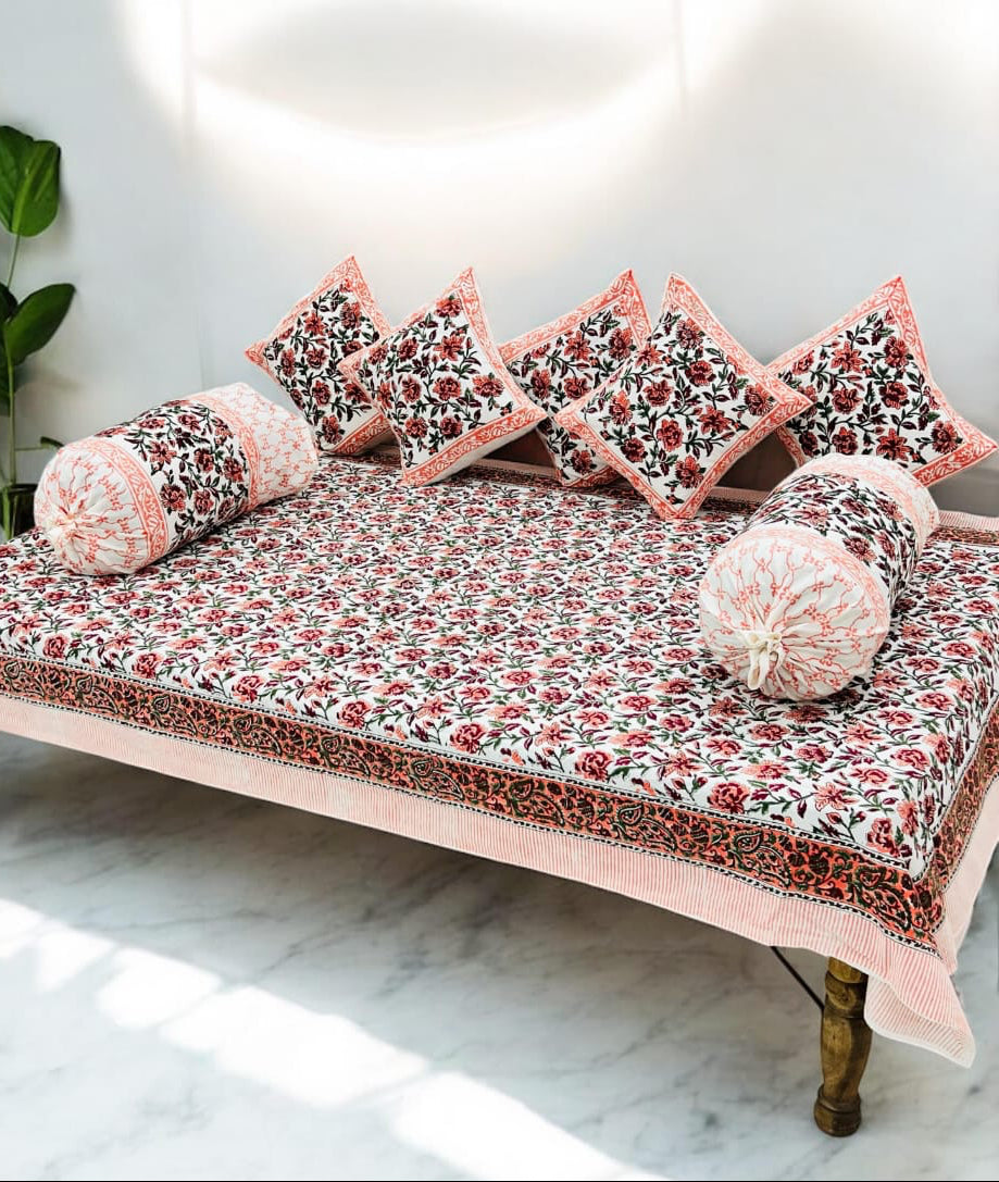 Pure cotton hand block printed 8 piece traditional diwan set (70x100 inches)