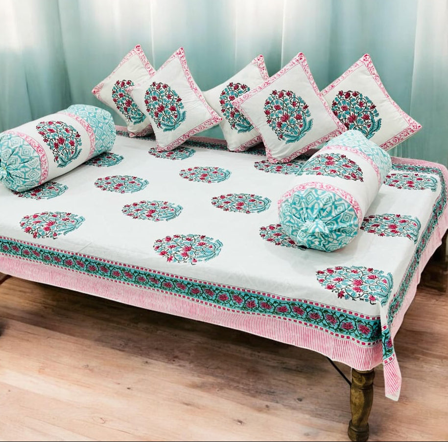 Pure cotton hand block printed 8 piece traditional diwan set (70x100 inches)