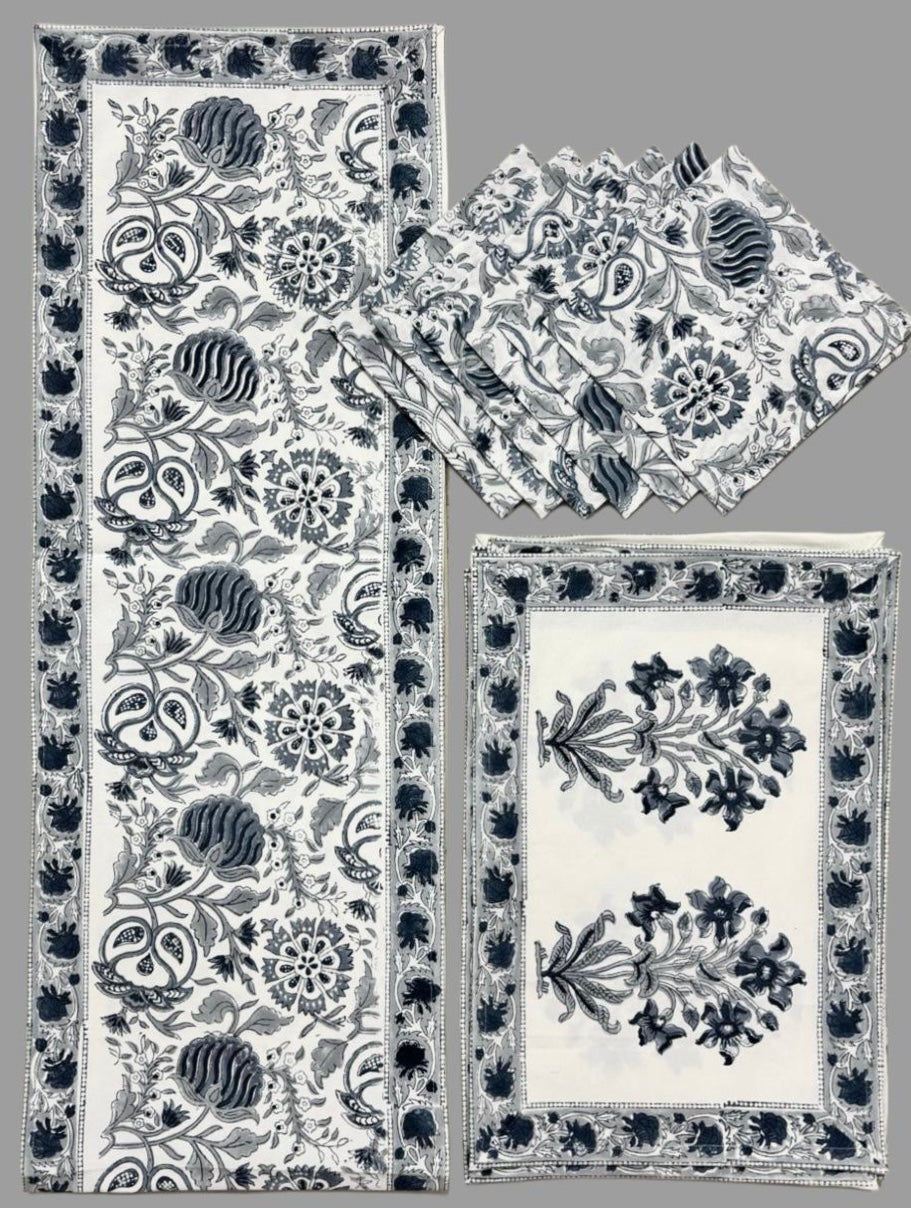 Pure cotton hand block printed placemats, runner and napkin combo for 6 seater dining table
