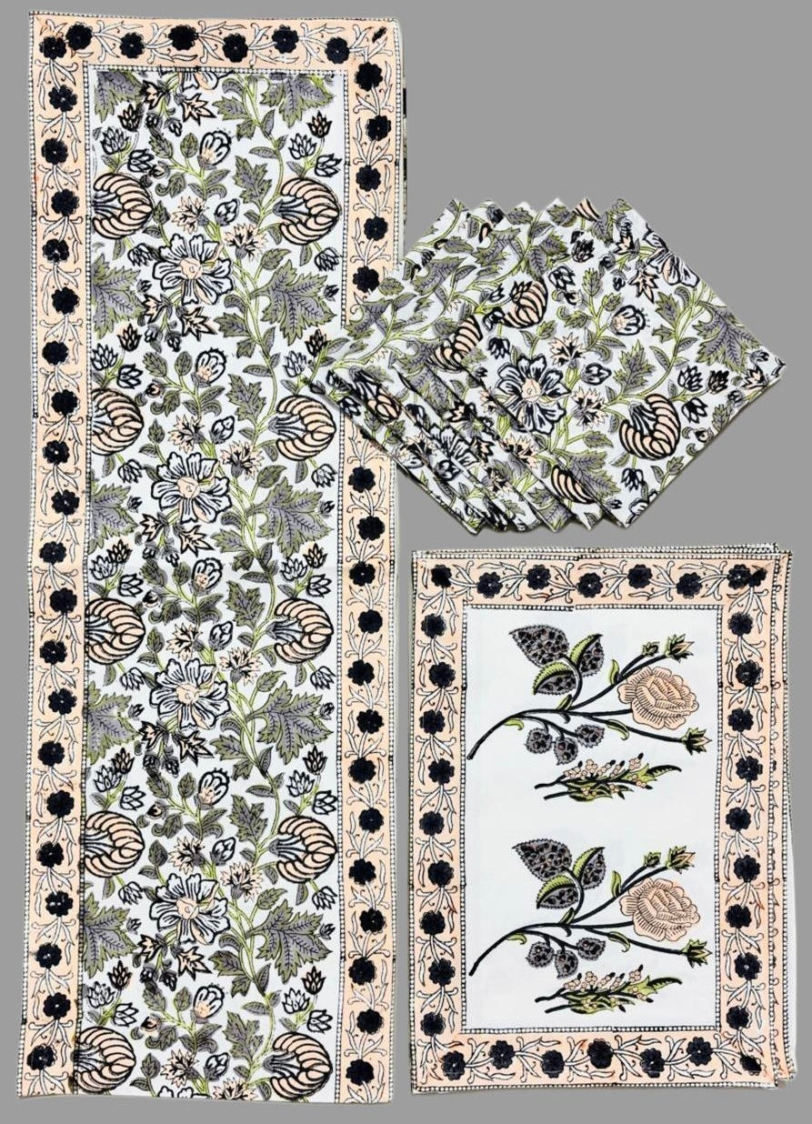 Pure cotton hand block printed placemats, runner and napkin combo for 6 seater dining table