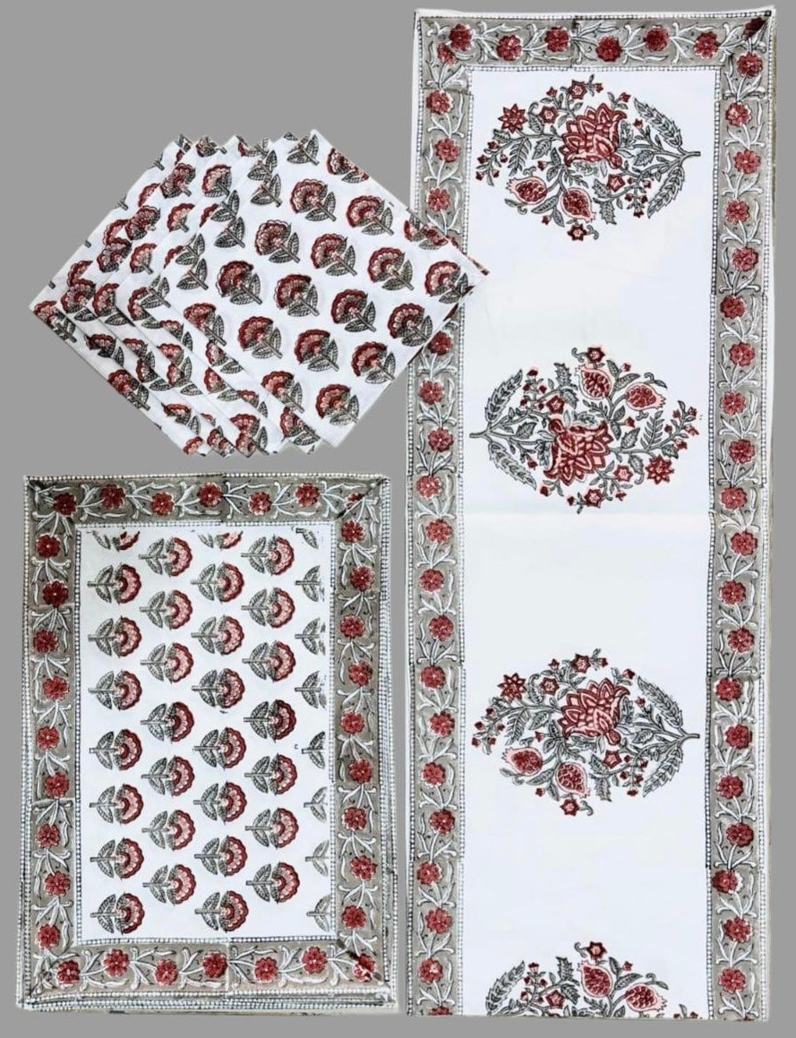 Pure cotton hand block printed placemats, runner and napkin combo for 6 seater dining table