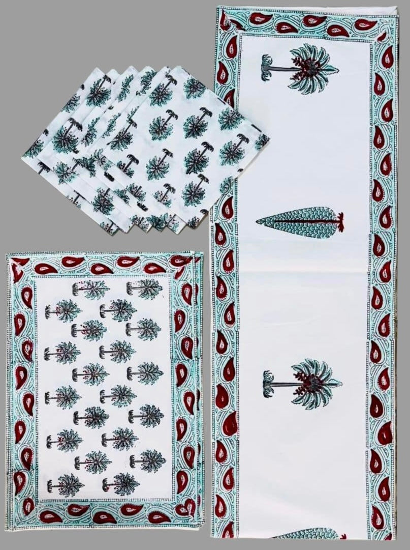 Pure cotton hand block printed placemats, runner and napkin combo for 6 seater dining table