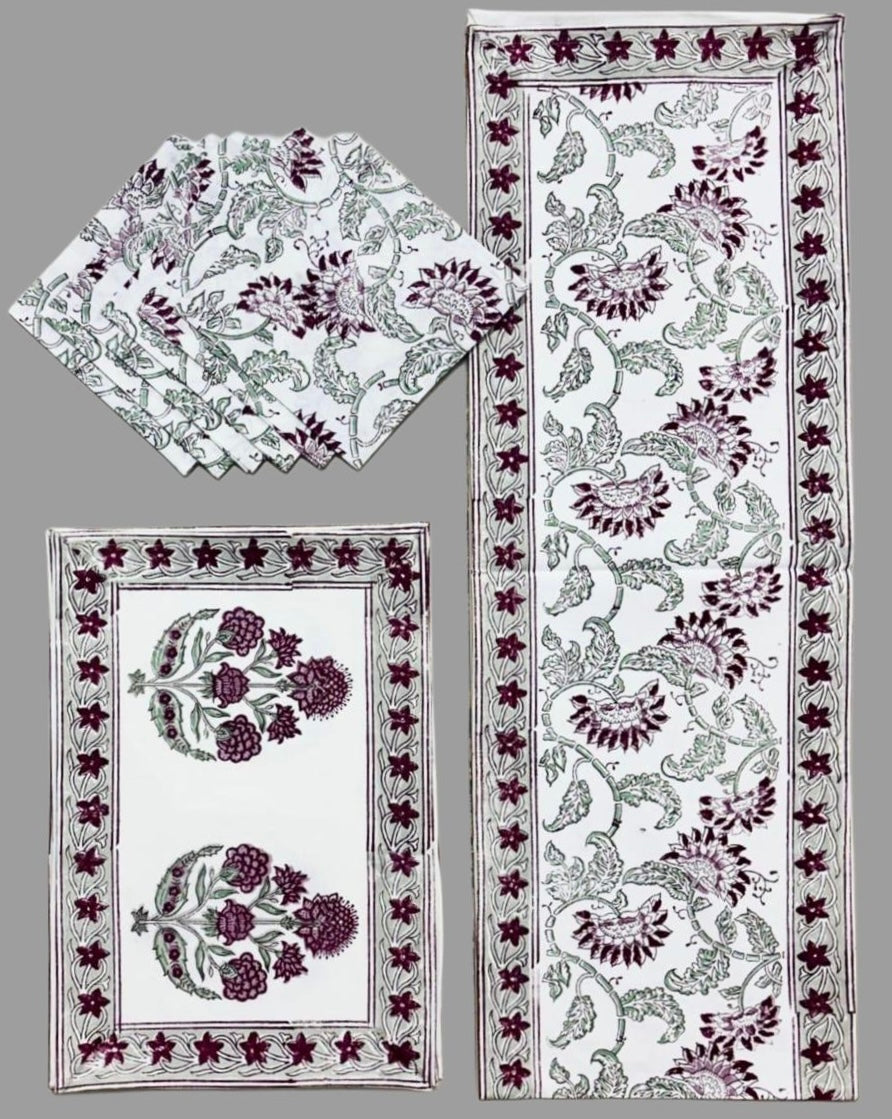 Pure cotton hand block printed placemats, runner and napkin combo for 6 seater dining table