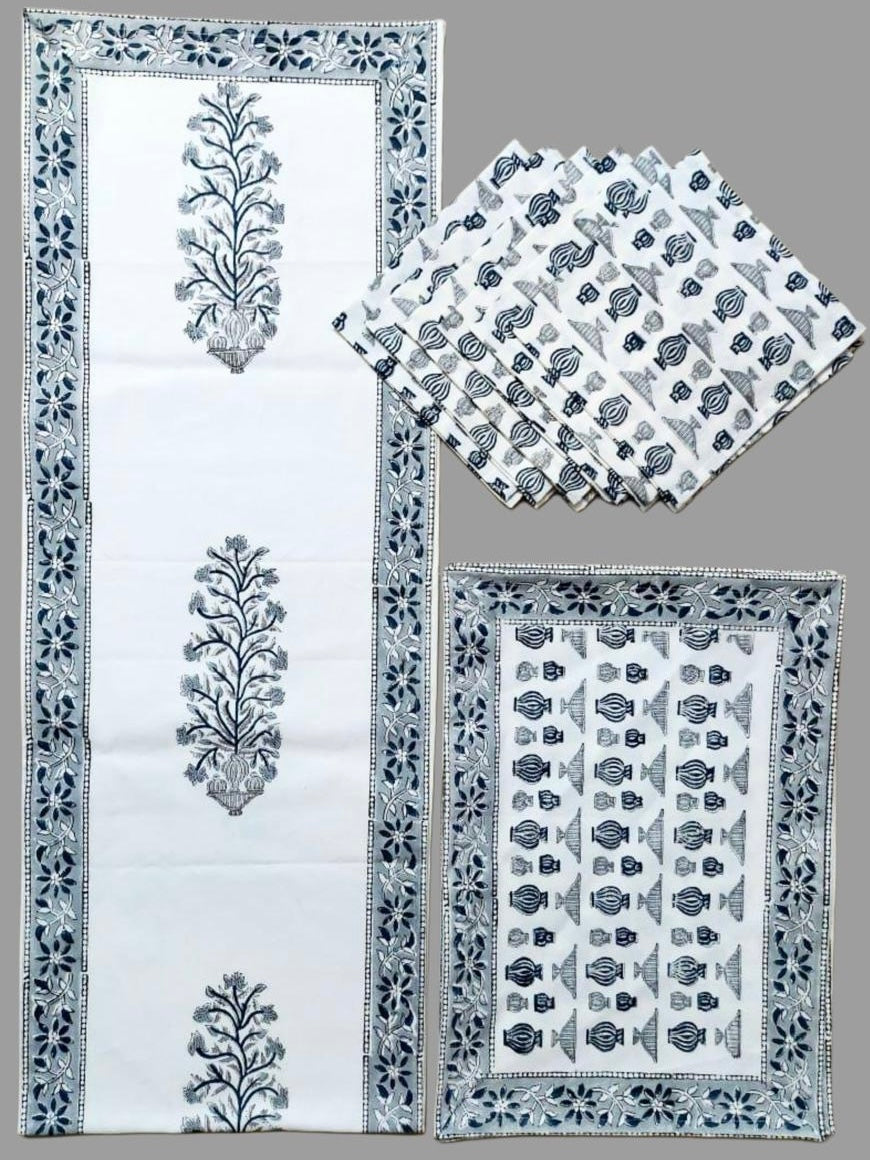 Pure cotton hand block printed placemats, runner and napkin combo for 6 seater dining table