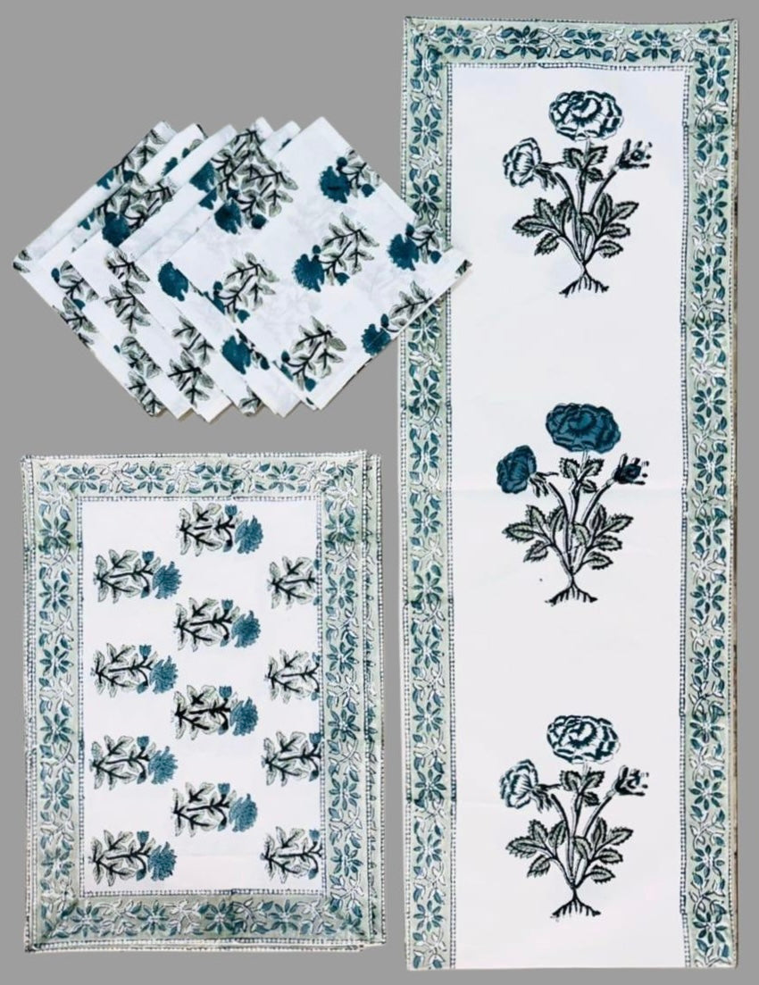 Pure cotton hand block printed placemats, runner and napkin combo for 6 seater dining table