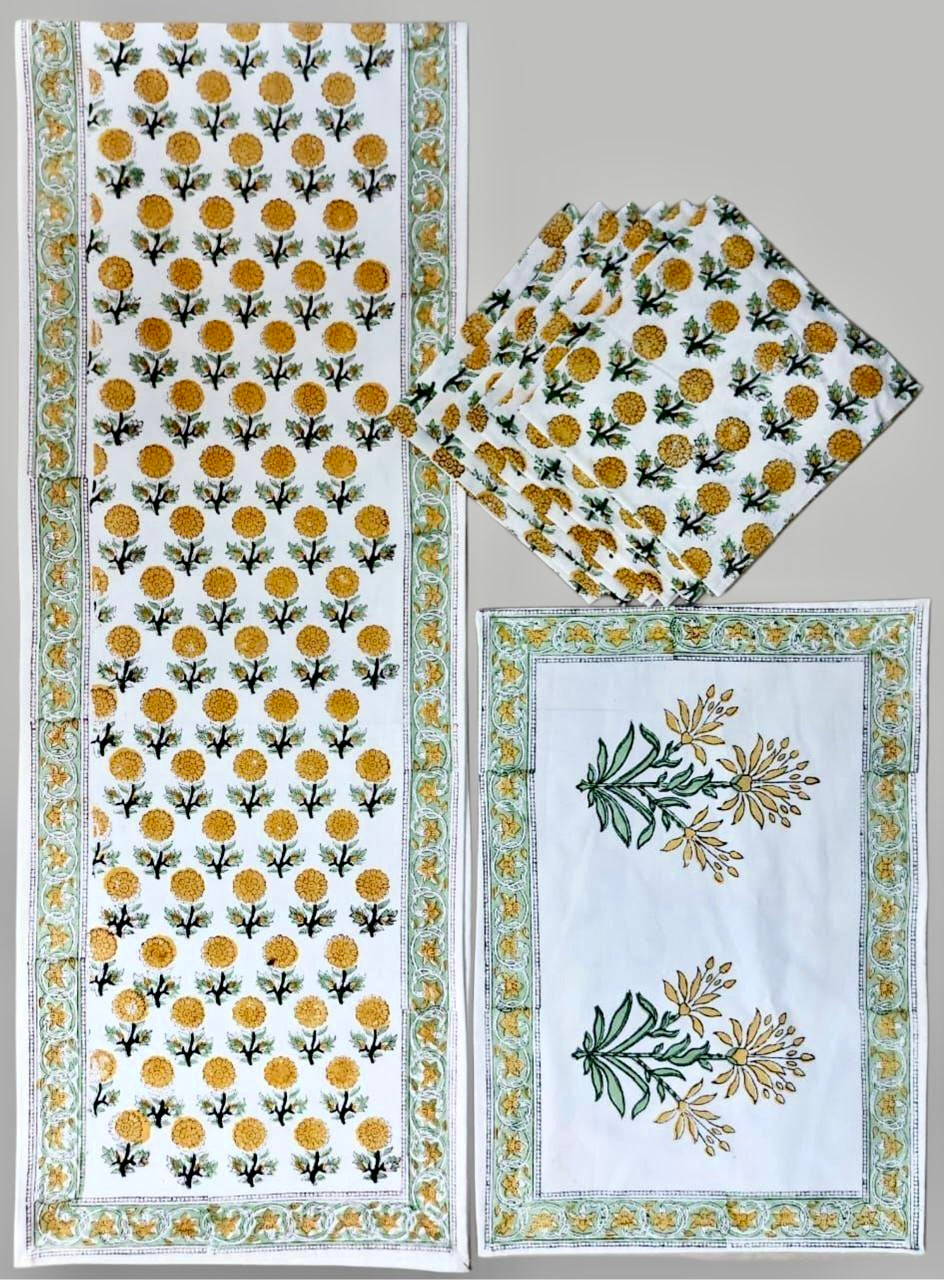 Pure cotton hand block printed placemats, runner and napkin combo for 6 seater dining table